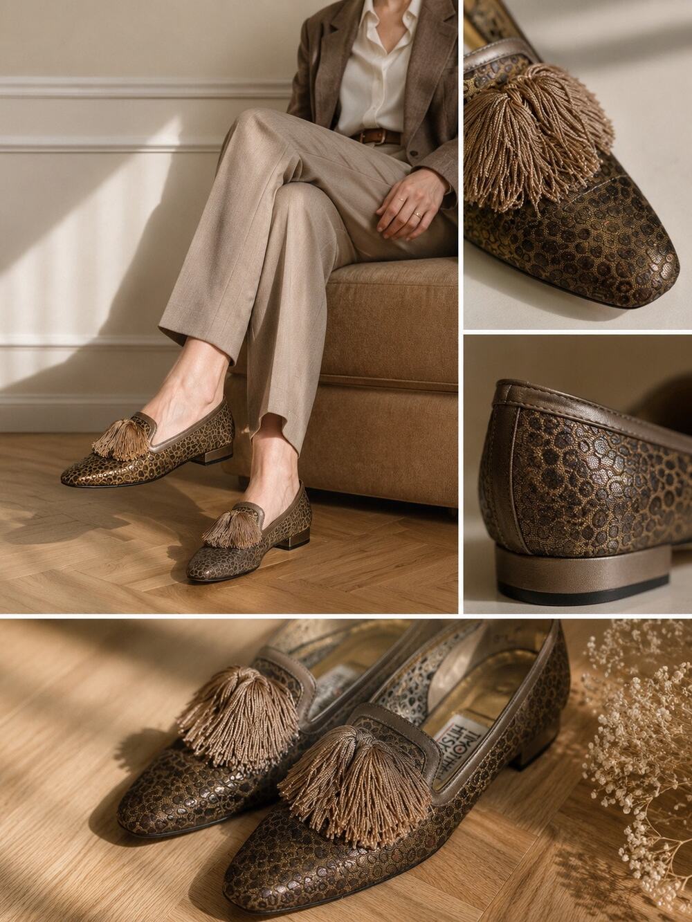 Vintage Timothy Hitsman Tassel Loafers Bronze Animal Print Leather Women’s Sz 7N